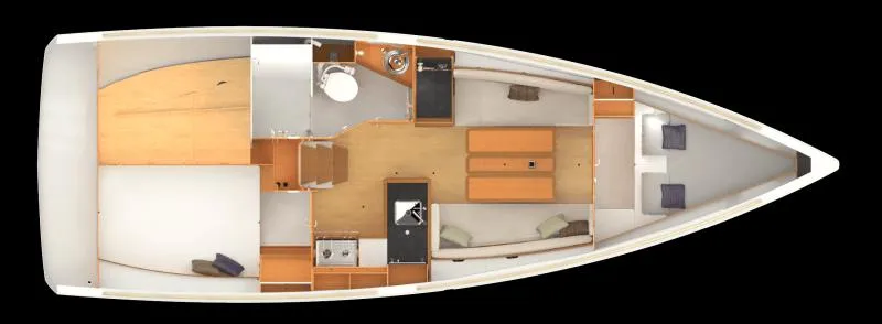 Venteux Yacht Photos Pics 2016 Jeanneau Sun Odyssey 349 interior layout, featuring cabins, kitchen, and seating area.