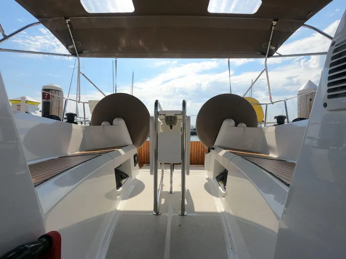 Venteux Yacht Photos Pics 2016 Jeanneau Sun Odyssey 349 yacht cockpit with dual steering wheels and canopy.