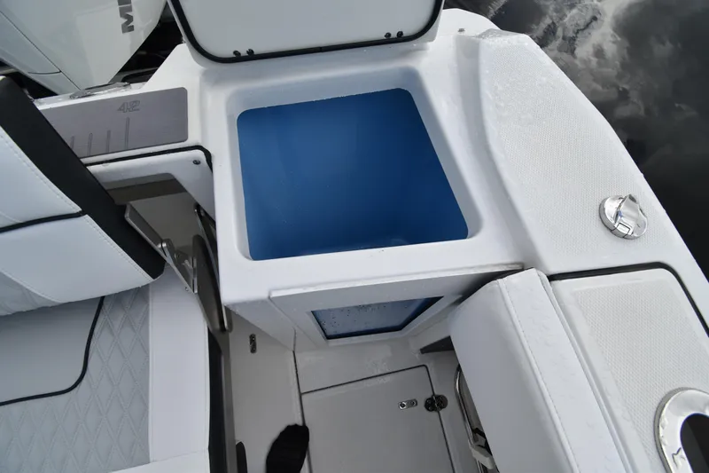  Yacht Photos Pics 2022 Blackfin 272DC boat interior with open storage compartment and seating.