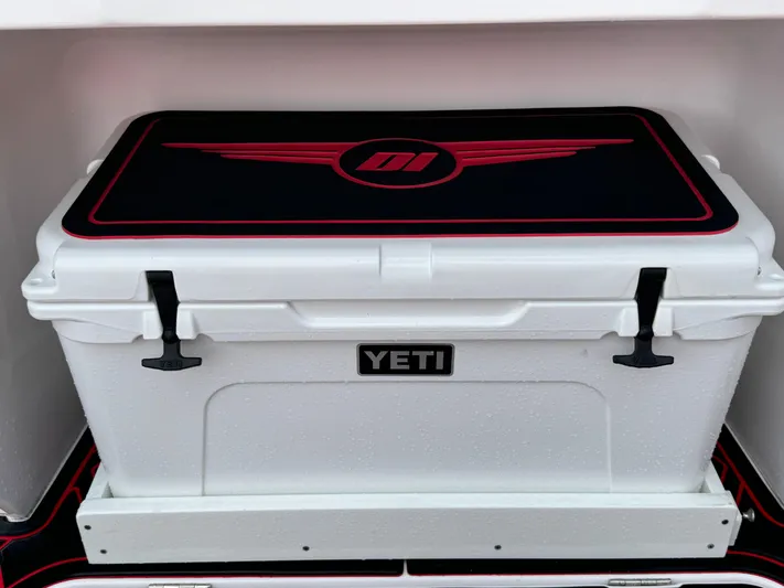  Yacht Photos Pics White YETI cooler with custom Deep Impact 399 design, 2022 model.