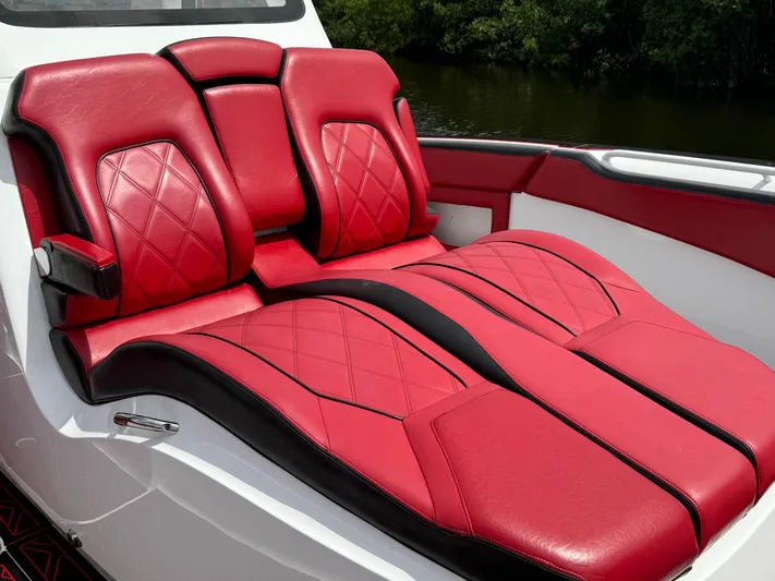  Yacht Photos Pics Luxurious red leather seats on 2022 Deep Impact 399 boat.