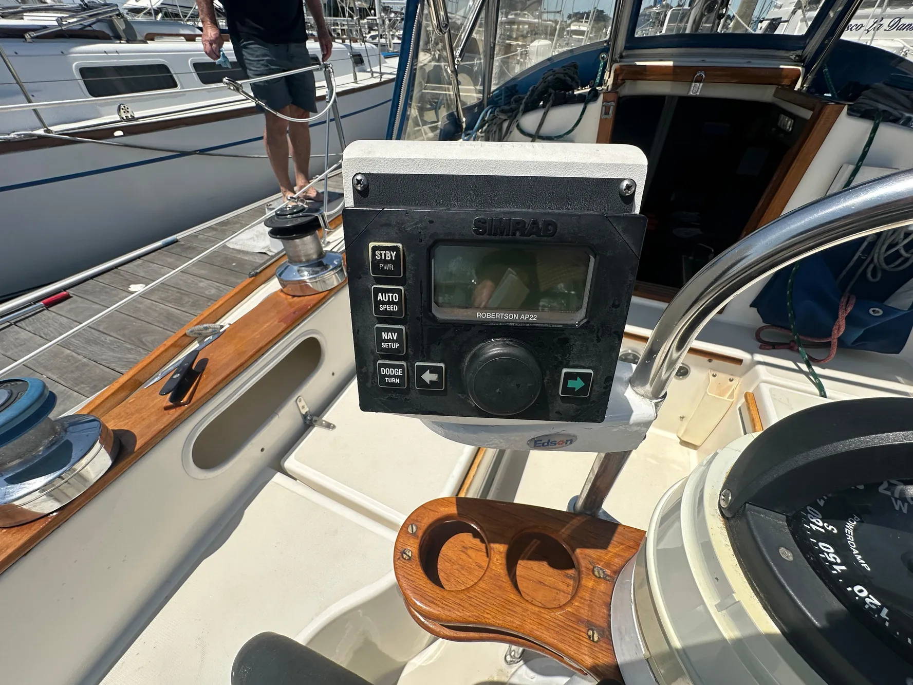 Cockpit of 1985 Sabre 34 MKI sailboat with Simrad autopilot system.