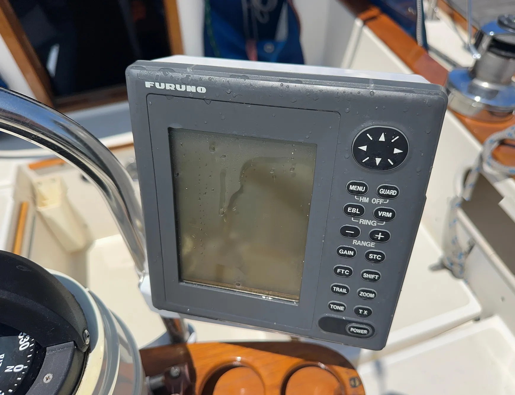 Furuno marine navigation device on 1985 Sabre 34 MKI sailboat, cockpit view.