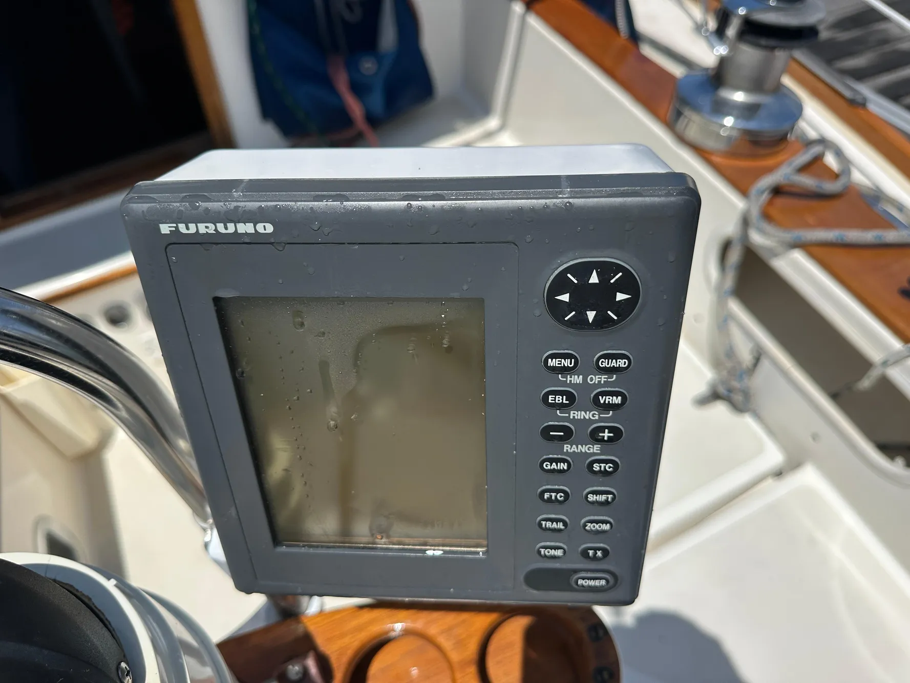 Furuno marine navigation device on 1985 Sabre 34 MKI sailboat cockpit.