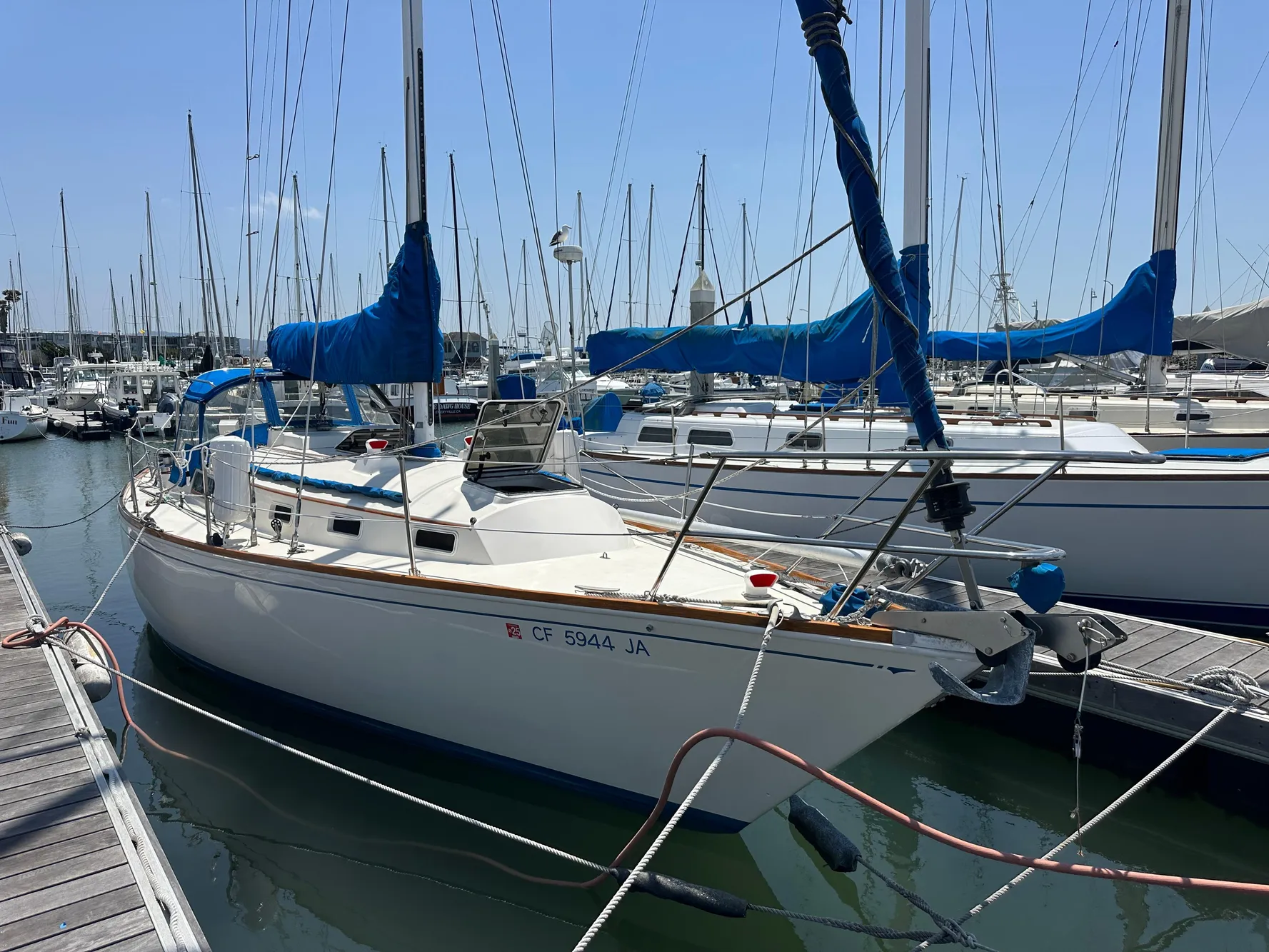 1985 Sabre 34 MKI sailboat docked in a marina, surrounded by other boats.