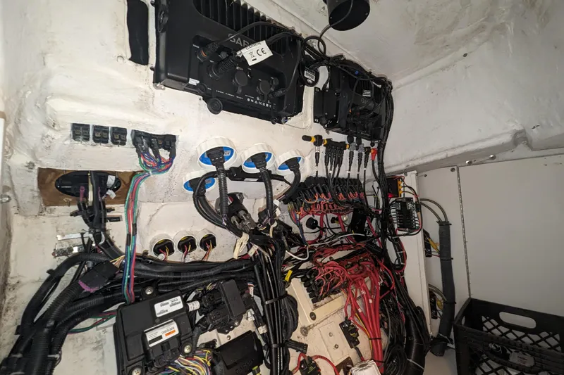 'why Knot' Yacht Photos Pics Electrical wiring and components inside a 2008 Donzi 38 ZSF boat.