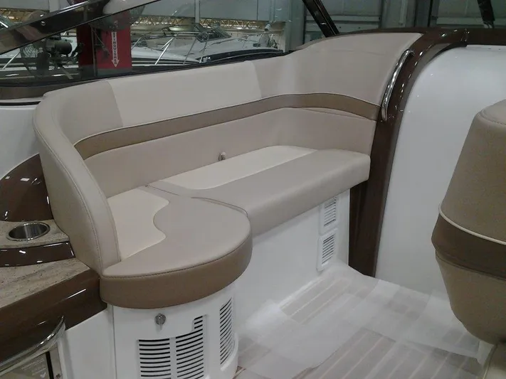  Yacht Photos Pics 2017 Formula 40 Performance Cruiser interior seating, beige and brown upholstery.