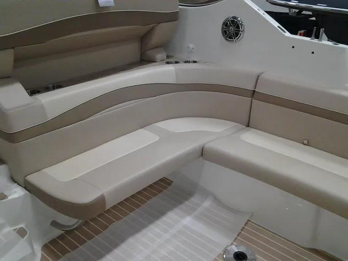  Yacht Photos Pics 2017 Formula 40 Performance Cruiser interior seating with beige upholstery and modern design.