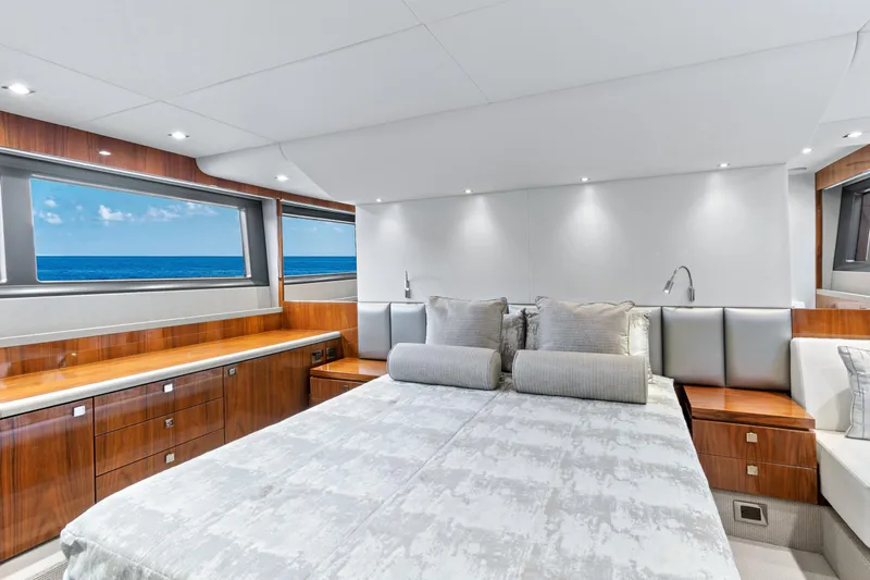 Joie De Vivre Yacht Photos Pics Luxurious bedroom interior of 2020 Sunseeker Manhattan 52 yacht with ocean view.