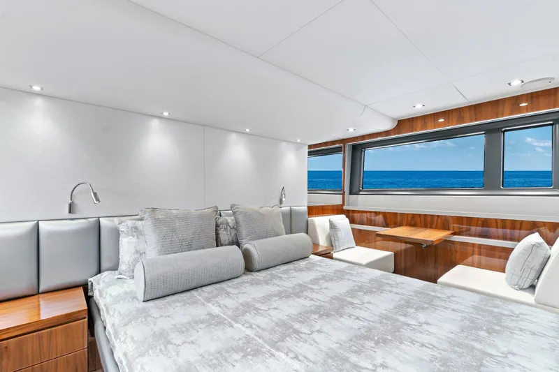 Joie De Vivre Yacht Photos Pics Luxurious bedroom interior of 2020 Sunseeker Manhattan 52 yacht with ocean view.