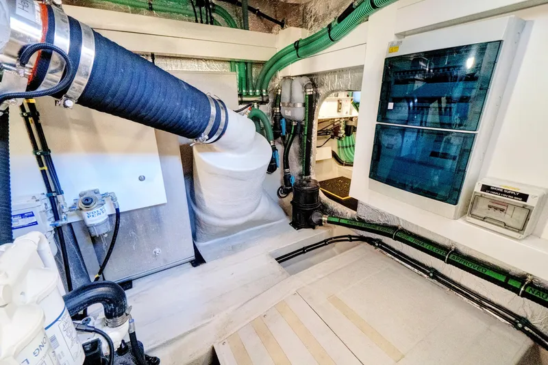 Joie De Vivre Yacht Photos Pics Engine room of 2020 Sunseeker Manhattan 52 yacht, featuring advanced mechanical systems.