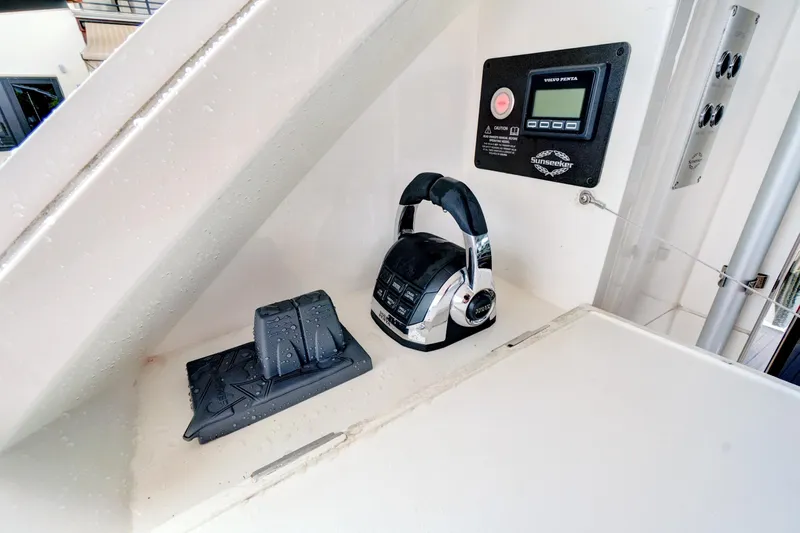 Joie De Vivre Yacht Photos Pics Control panel of 2020 Sunseeker Manhattan 52 yacht with throttle and display.