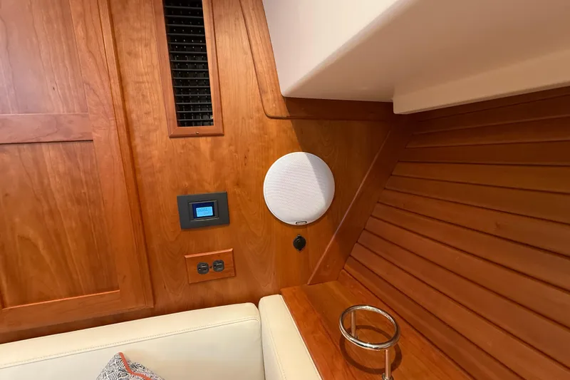 Kay Lee Jean Yacht Photos Pics Interior of 2023 Sabre 43 Salon Express with wood paneling and modern amenities.