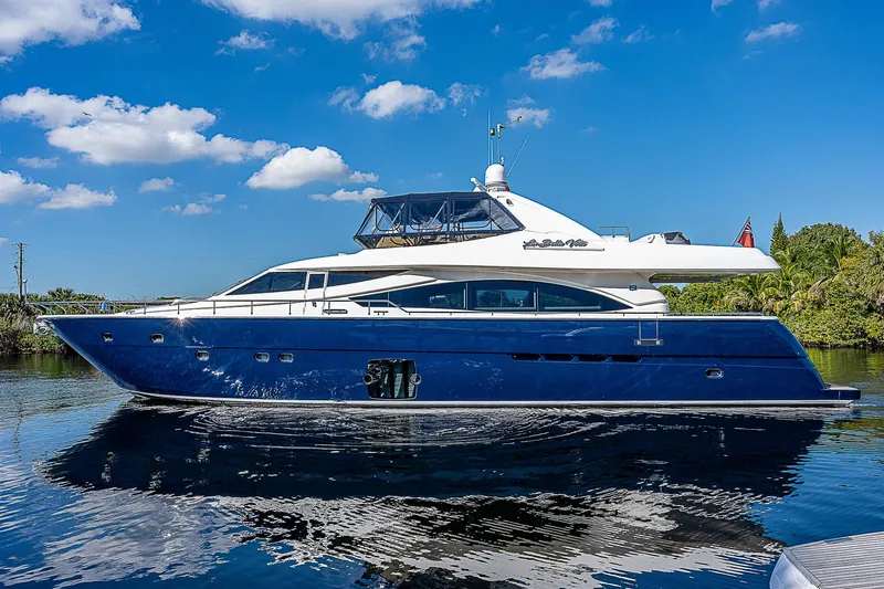 La Bella Vita Yacht Photos Pics 2006 Ferretti Yachts 830 on calm water under a clear blue sky.