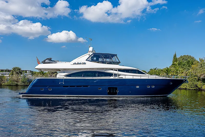 La Bella Vita Yacht Photos Pics 2006 Ferretti Yachts 830 cruising on a sunny day with blue skies.