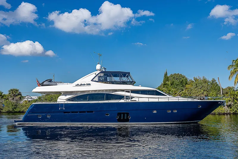 La Bella Vita Yacht Photos Pics 2006 Ferretti Yachts 830 on water, blue sky background.