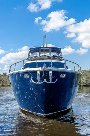 La Bella Vita Yacht Photos Pics 2006 Ferretti Yachts 830 on water, front view, under blue sky.