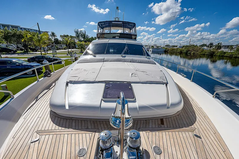 La Bella Vita Yacht Photos Pics 2006 Ferretti Yachts 830 on water, showcasing sleek design and luxurious deck.
