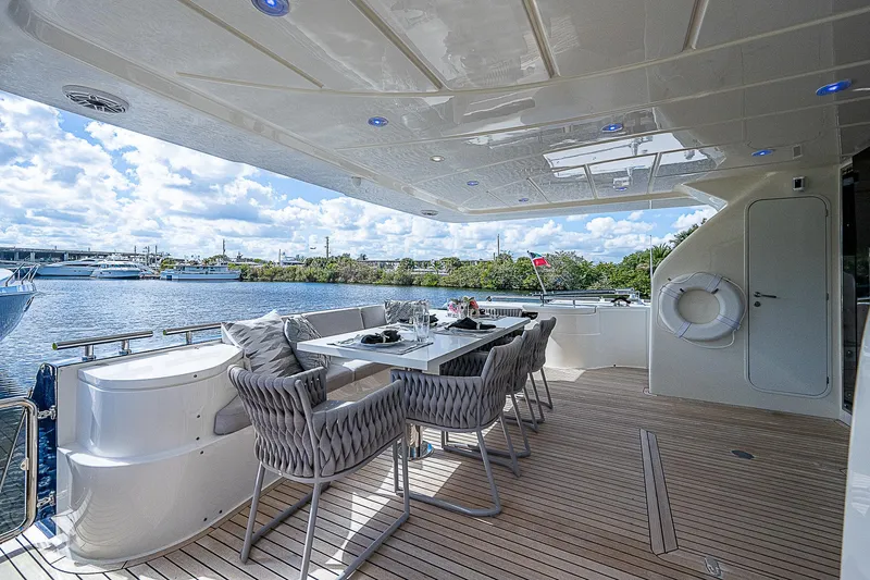 La Bella Vita Yacht Photos Pics Luxurious 2006 Ferretti Yachts 830 deck with elegant dining area overlooking serene waters.
