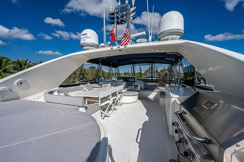 La Bella Vita Yacht Photos Pics Luxurious 2006 Ferretti Yachts 830 flybridge with seating and grill under clear blue sky.