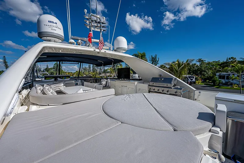 La Bella Vita Yacht Photos Pics Luxurious 2006 Ferretti Yachts 830 with spacious deck and modern amenities under a clear blue sky.