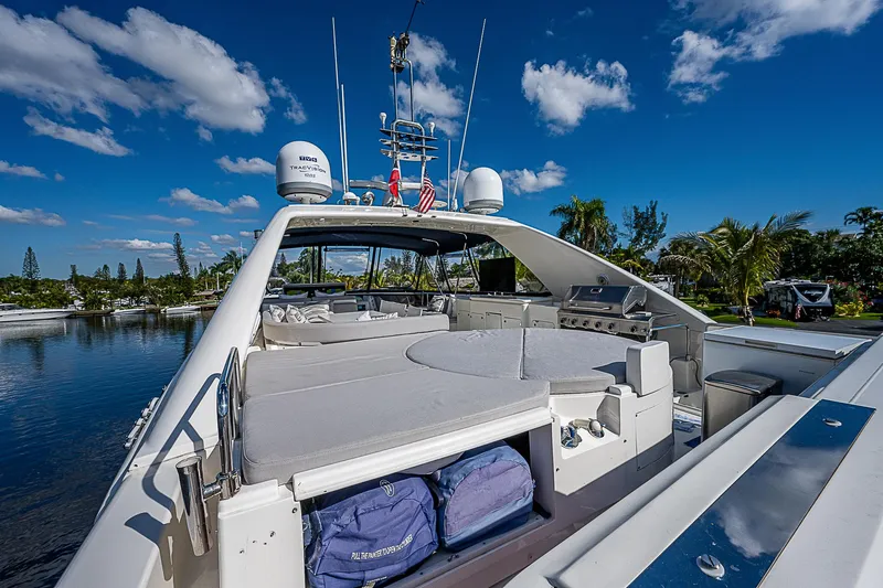 La Bella Vita Yacht Photos Pics 2006 Ferretti Yachts 830 on a sunny day, featuring spacious deck and modern amenities.