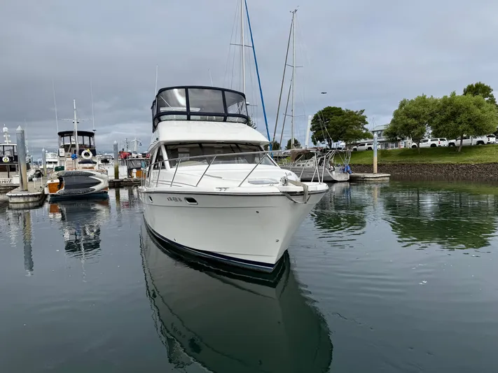  Yacht Photos Pics 2001 Bayliner 3988 Command Bridge Motoryacht docked in a marina, calm water reflection.