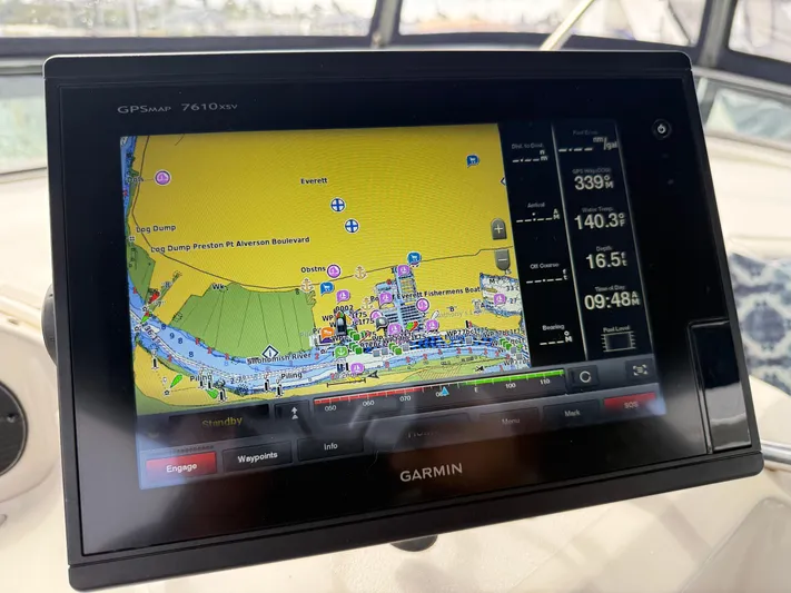  Yacht Photos Pics Garmin GPS display on 2001 Bayliner 3988 Command Bridge Motoryacht showing navigation map.