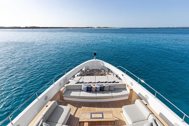  Yacht Photos Pics Luxurious 2024 Benetti Oasis 40 yacht deck with elegant seating, overlooking serene blue ocean.