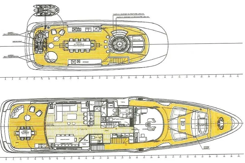  Yacht Photos Pics Blueprint of 2024 Benetti Oasis 40 yacht, showcasing detailed deck layouts.