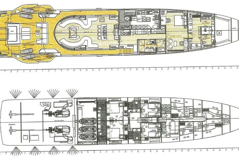  Yacht Photos Pics Floor plan of 2024 Benetti Oasis 40 yacht, showcasing detailed layout and design.