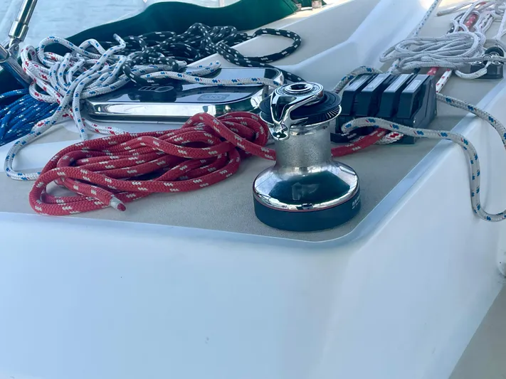  Yacht Photos Pics Sailing equipment on Tartan 4100 yacht, featuring winch and ropes, 2001 model.