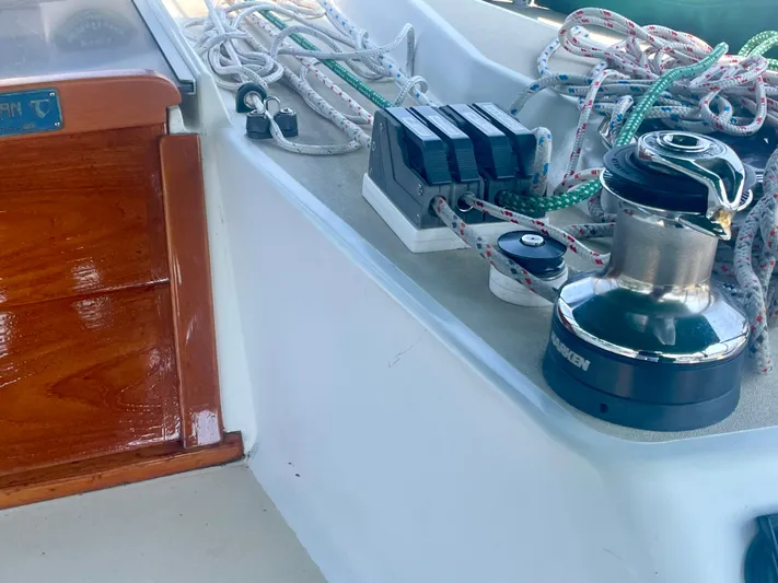  Yacht Photos Pics Tartan 4100 sailboat deck with winch and ropes, 2001 model.