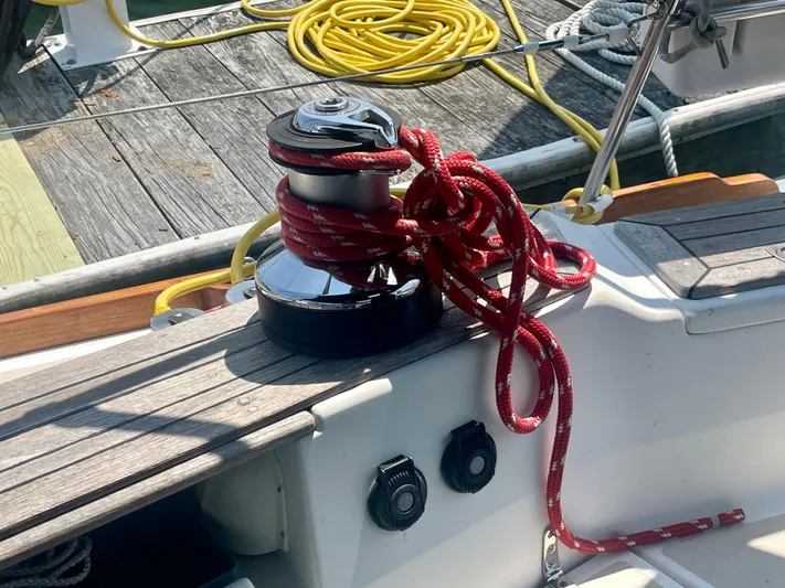  Yacht Photos Pics Tartan 4100 sailboat winch with red rope, docked, 2001 model.