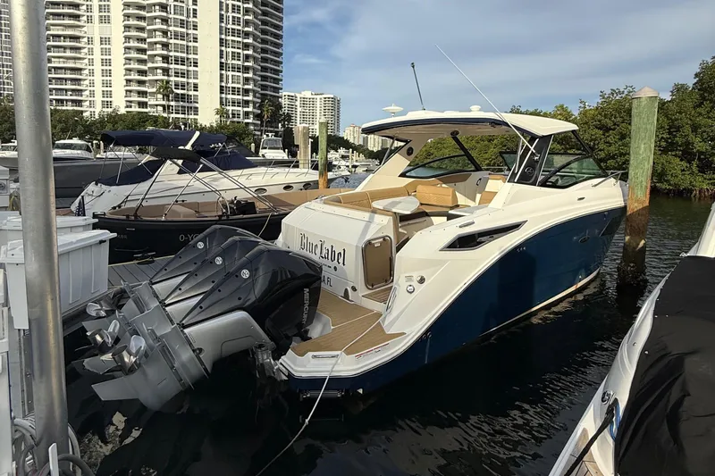  Yacht Photos Pics 2021 Sea Ray Sundancer 320 Coupe OB docked at marina, with modern design and powerful outboard engines.