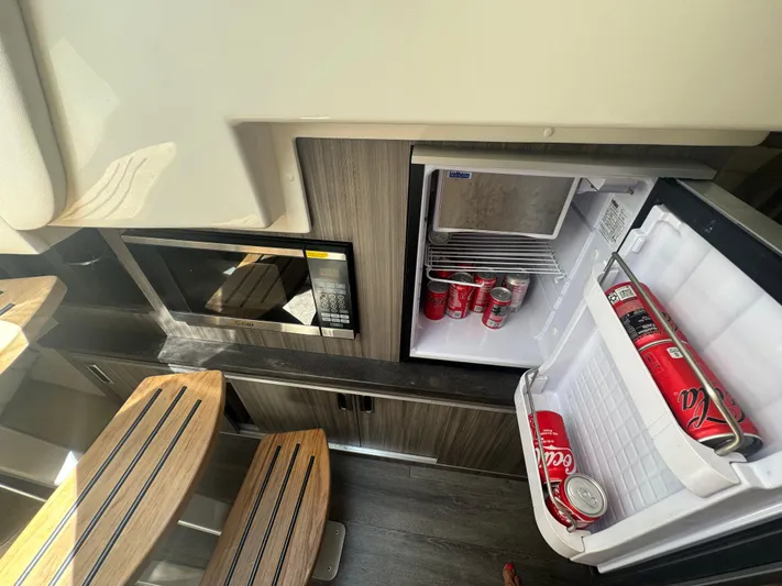  Yacht Photos Pics Interior of 2021 Sea Ray Sundancer 320 Coupe with fridge and microwave.