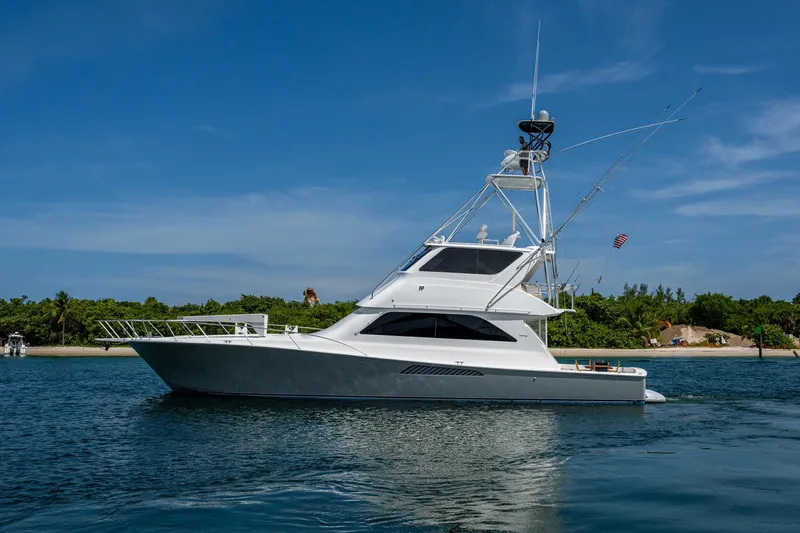 Adrian & Leidiana Yacht Photos Pics 2005 Viking 61 yacht cruising near a tropical shoreline under a clear blue sky.