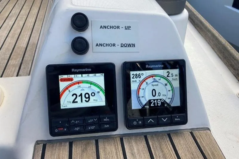Panopaea Yacht Photos Pics Raymarine navigation displays on 2011 Dufour 405 GL yacht, showing compass and depth readings.