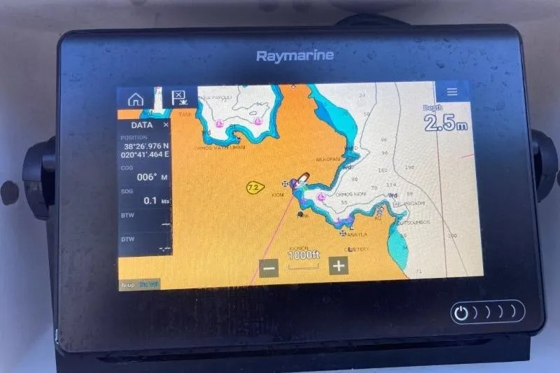 Panopaea Yacht Photos Pics Raymarine navigation display on 2011 Dufour 405 GL, showing nautical chart and depth.