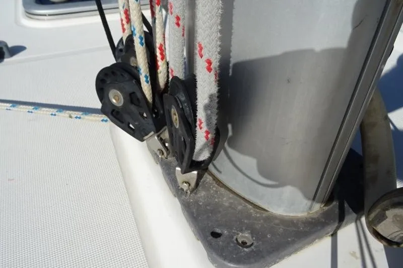 Panopaea Yacht Photos Pics Close-up of rigging and pulleys on a 2011 Dufour 405 GL sailboat.