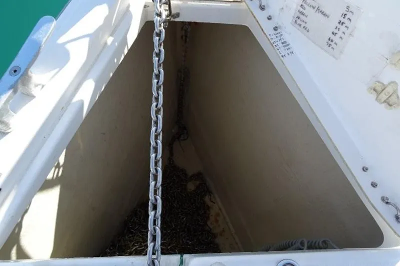 Panopaea Yacht Photos Pics Anchor chain locker on 2011 Dufour 405 GL sailboat.