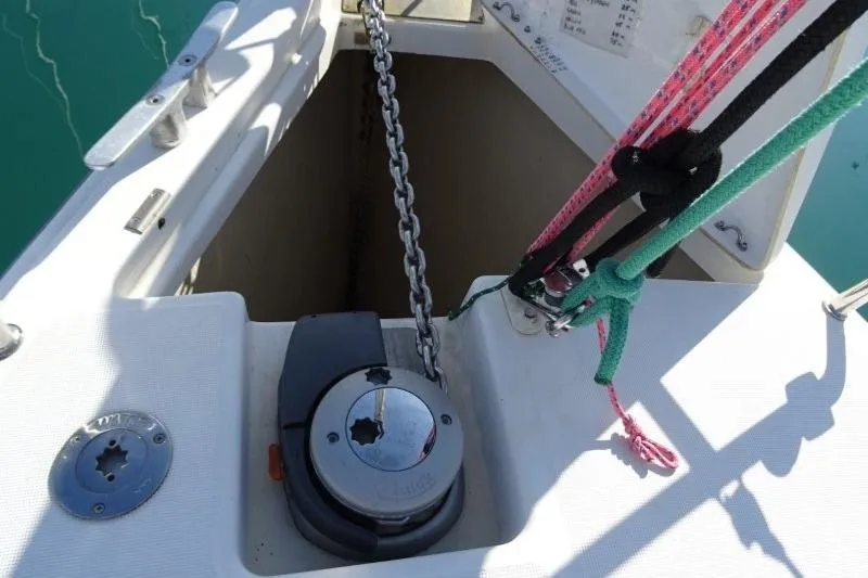 Panopaea Yacht Photos Pics Anchor chain and winch on 2011 Dufour 405 GL sailboat deck.