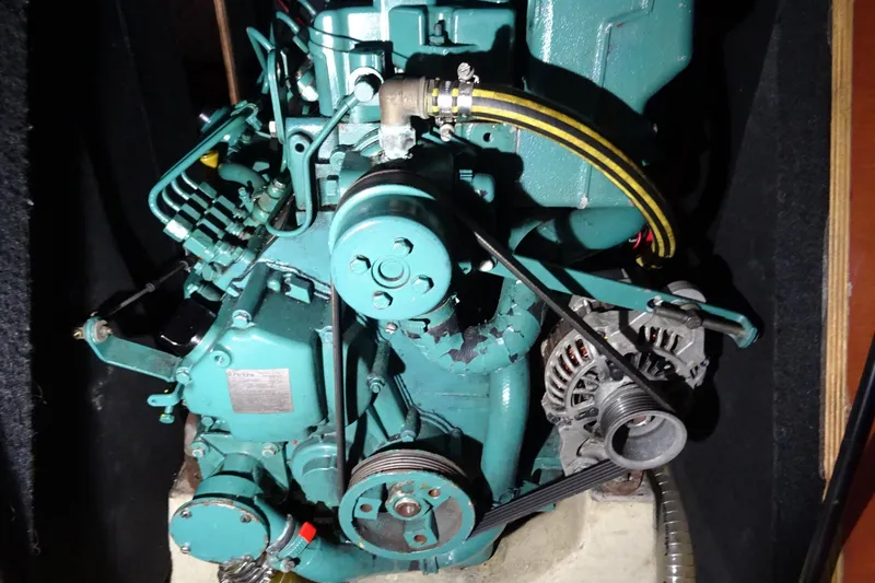 Panopaea Yacht Photos Pics Engine of a 2011 Dufour 405 GL sailboat, showcasing mechanical components.