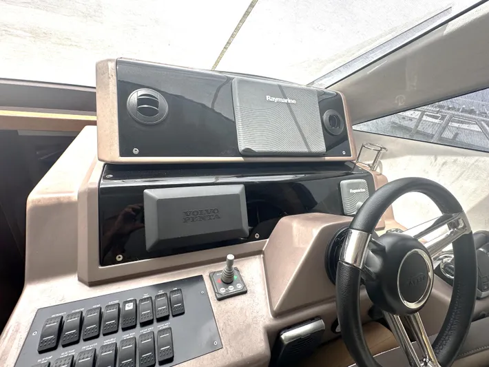 Knot Guilty Yacht Photos Pics Helm of 2016 Galeon 380 Fly yacht with Raymarine and Volvo Penta controls.