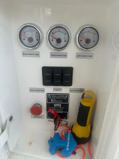 Knot Guilty Yacht Photos Pics Control panel of 2016 Galeon 380 Fly with gauges and switches for water and waste tanks.