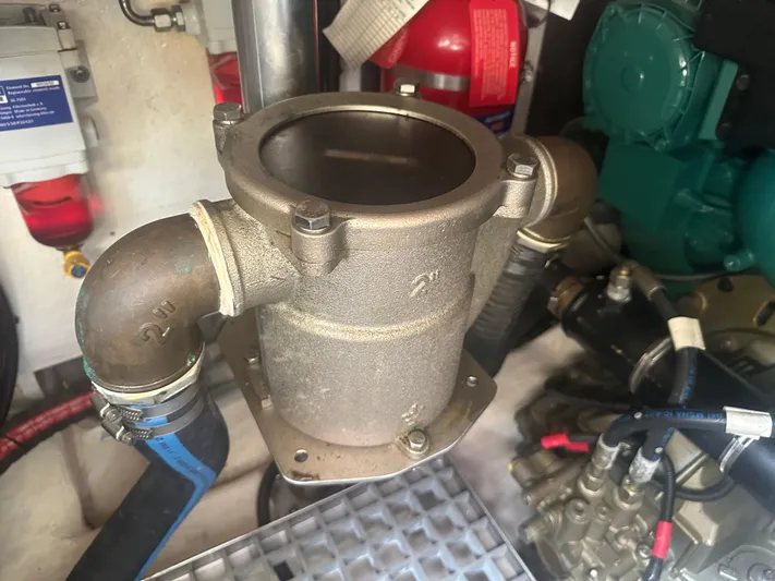 Knot Guilty Yacht Photos Pics Engine room of 2016 Galeon 380 Fly, featuring a metal component with attached hoses.