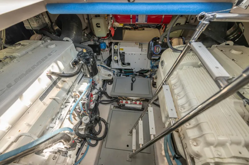  Yacht Photos Pics Engine room of 2017 Sea Ray Fly 510 yacht, showcasing mechanical components and equipment.