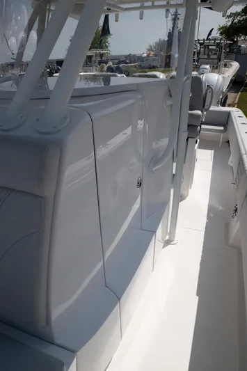  Yacht Photos Pics 2024 Contender 39 ST boat interior, sleek design, white finish, modern seating.