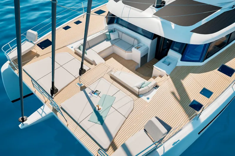  Yacht Photos Pics Luxurious 2026 Fountaine Pajot FP 55 catamaran with spacious deck and elegant seating.