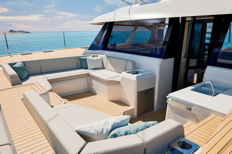 Yacht Photos Pics Luxurious 2026 Fountaine Pajot FP 55 yacht deck with elegant seating and ocean view.